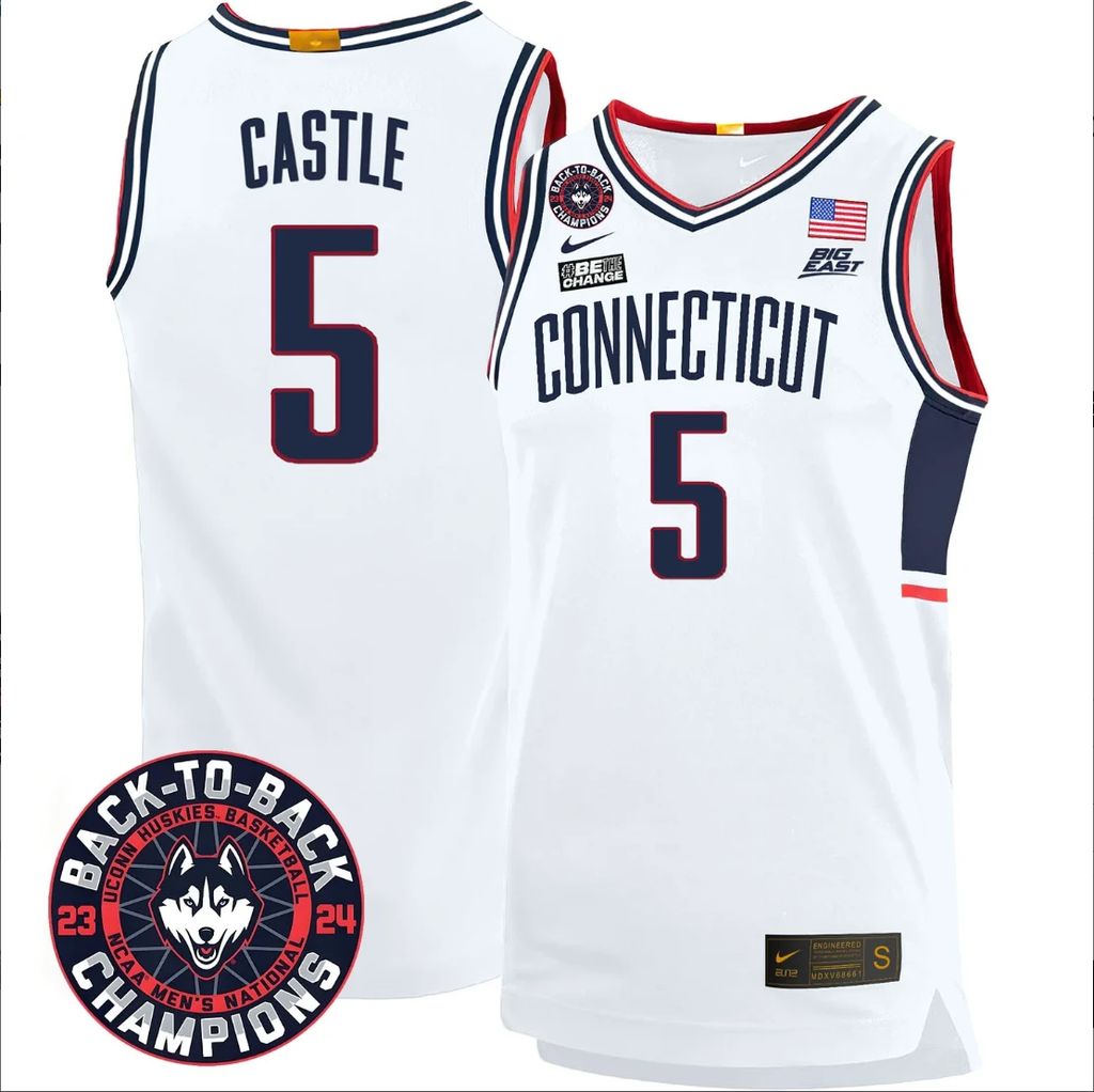 Stephon Castle Jersey #5 UConn Huskies Basketball 2024 Back To Back Champions Patch White by My store basketball