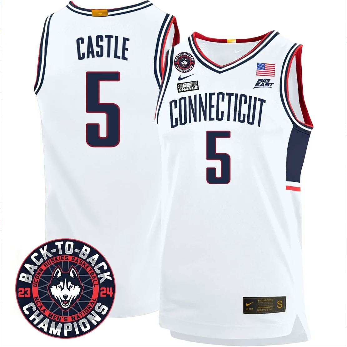 Stephon Castle Jersey #5 UConn Huskies Basketball 2024 Back To Back Champions Patch White by My store basketball