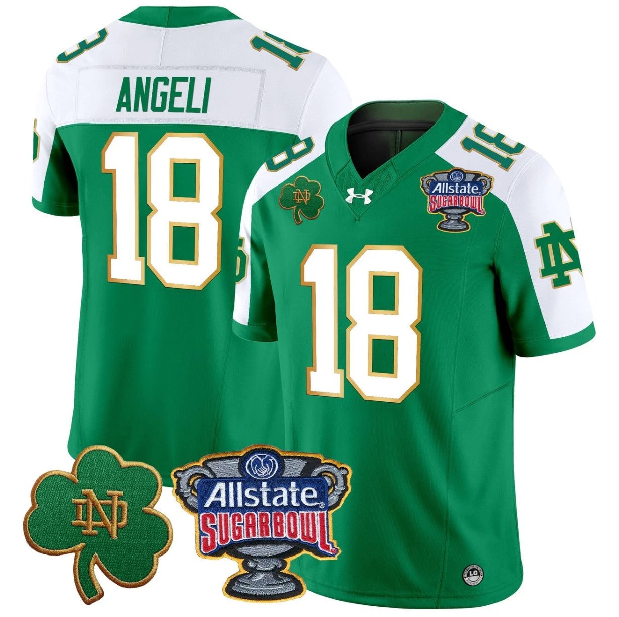Steve Angeli Jersey #18 Notre Dame 2024 Sugar Bowl Patch V2 Green Alternate by NCAA Football Jersey