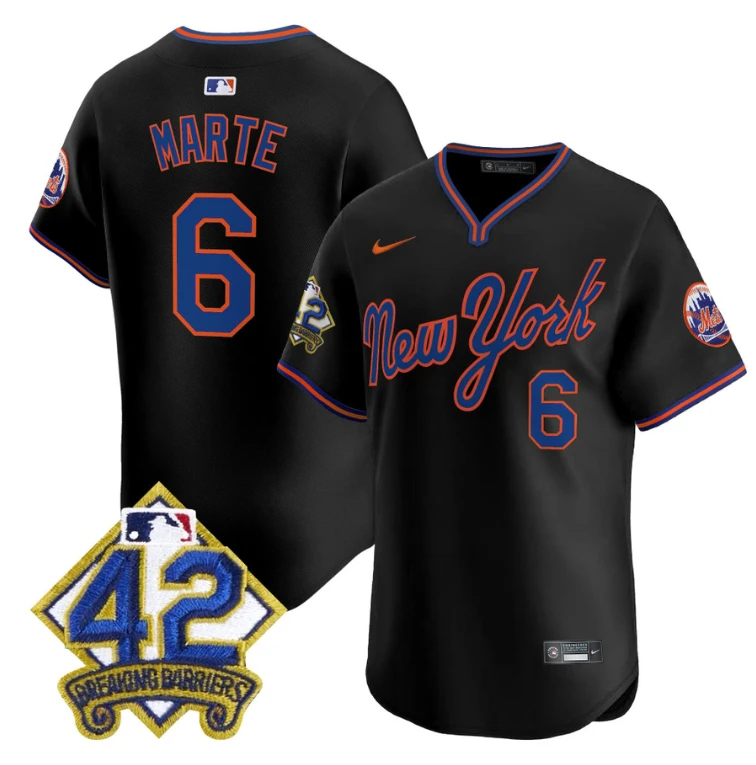 Starling Marte Jersey #6 New York Mets 2025 Jackie Robinson Patch Road Alternate Stitched Black by My Store
