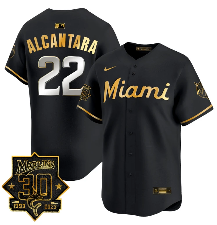 Sandy Alcantara Jersey #22 Miami Marlins 30 Seasons Anniversary Patch Limited Stitched Black Gold by My Store