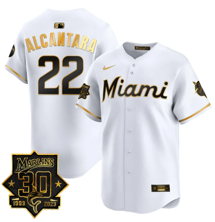 Sandy Alcantara Jersey #22 Miami Marlins 30 Seasons Anniversary Patch Limited Stitched White Gold by My Store