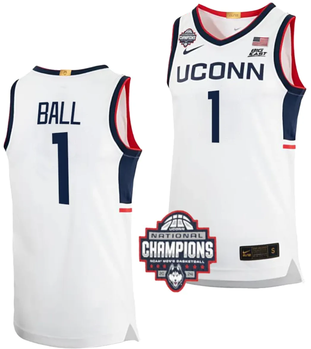 Solomon Ball Jersey #1 UConn Huskies 2024 NCAA Basketball National Champions White Elite by My store basketball