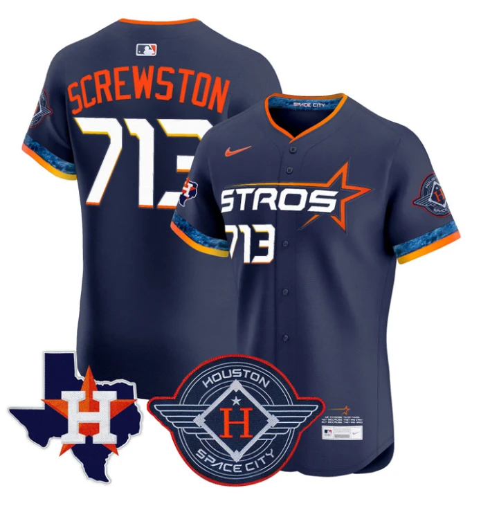 Screwston Jersey #713 Houston Astros 2025 City Connect Texas Patch Premier Elite Stitched Navy by My Store