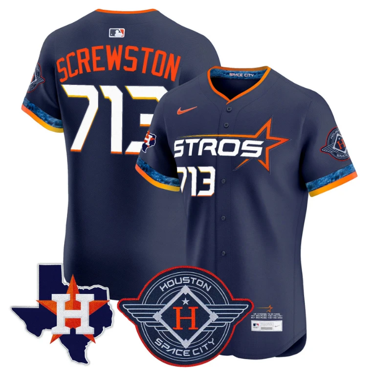 Screwston Jersey #713 Houston Astros 2025 City Connect Texas Patch Premier Elite Stitched Navy by My Store