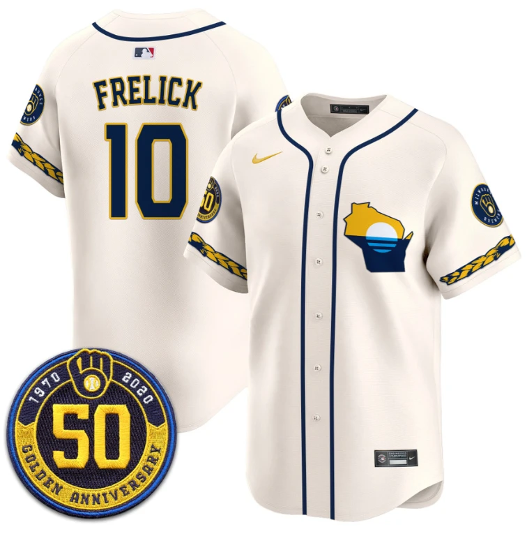 Sal Frelick Jersey #10 Milwaukee Brewers Golden 50th Anniversary Patch Stitched Cream by My Store