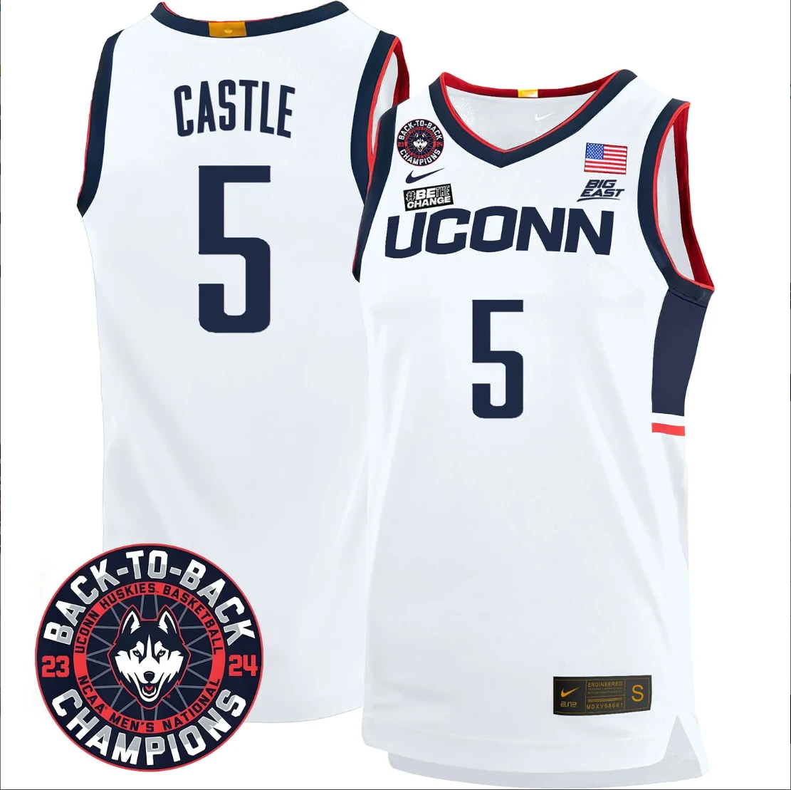 Stephon Castle Jersey #5 UConn Huskies Basketball 2024 Back To Back Champions Patch White Home by My store basketball