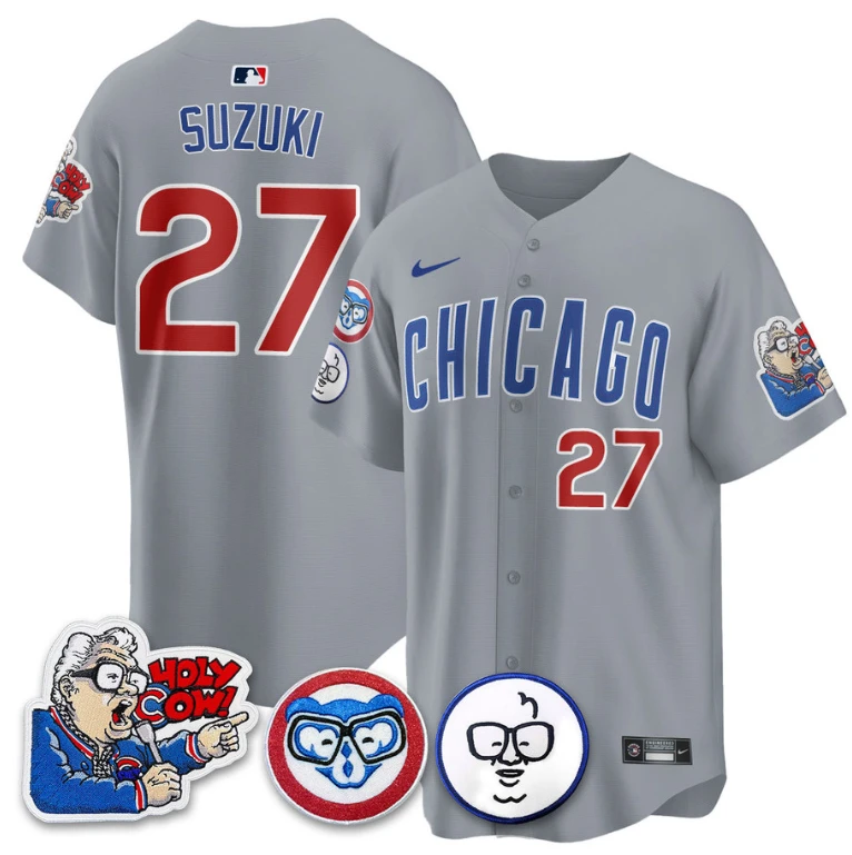 Suzuki Seiya Jersey #27 Chicago Cubs Harry Caray Holy Cow Patch Premier Limited Stitched Gray by My Store