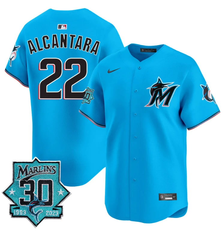 Sandy Alcantara Jersey #22 Miami Marlins 30 Seasons Anniversary Patch Limited Stitched Blue by My Store
