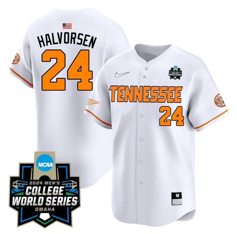 Seth Halvorsen Jersey #24 Tennessee Volunteers 2024 College World Series Patch Vapor Premier Limited NCAA Baseball Stitched White by My Store