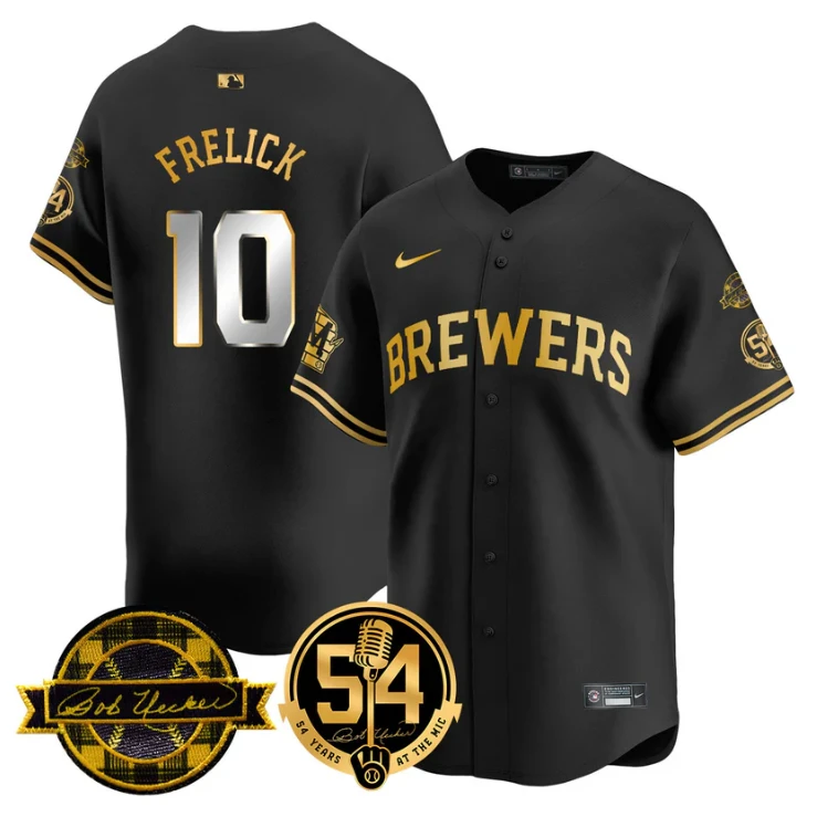 Sal Frelick Jersey #10 Milwaukee Brewers 2025 Bob Uecker, 54 Seasons for Brewers Stitched Black Gold by My Store