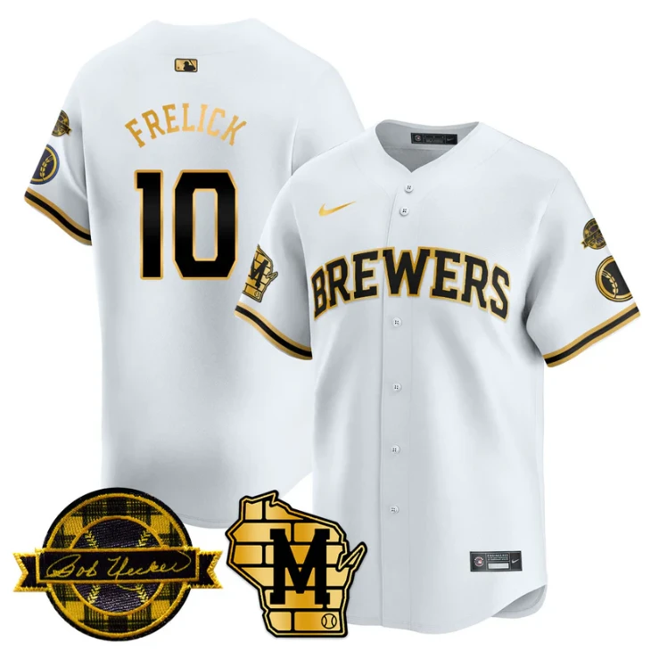 Sal Frelick Jersey #10 Milwaukee Brewers 2025 Limited Bob Uecker Patch Stitched White Gold by My Store