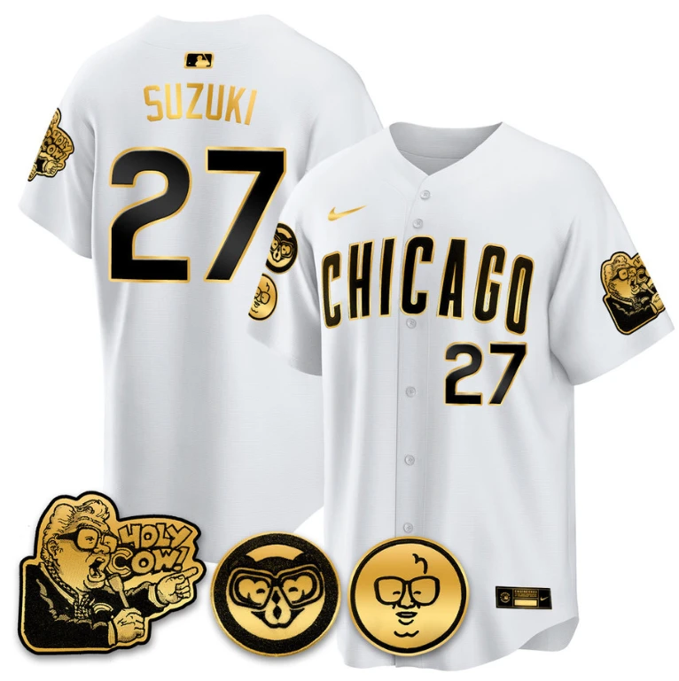 Suzuki Seiya Jersey #27 Chicago Cubs Harry Caray Holy Cow Patch Premier Limited Stitched White Gold by My Store