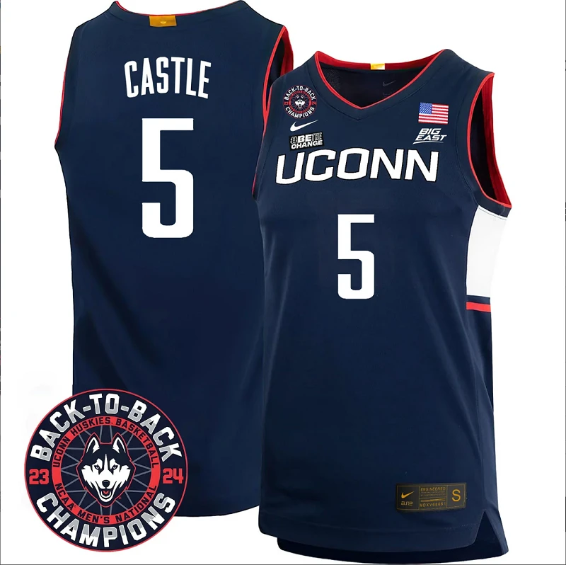 Stephon Castle Jersey #5 UConn Huskies Basketball 2024 Back To Back Champions Patch Navy by My store basketball