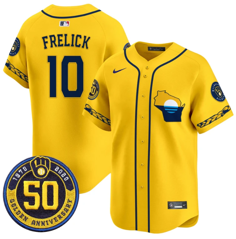 Sal Frelick Jersey #10 Milwaukee Brewers Golden 50th Anniversary Patch Stitched Gold by My Store