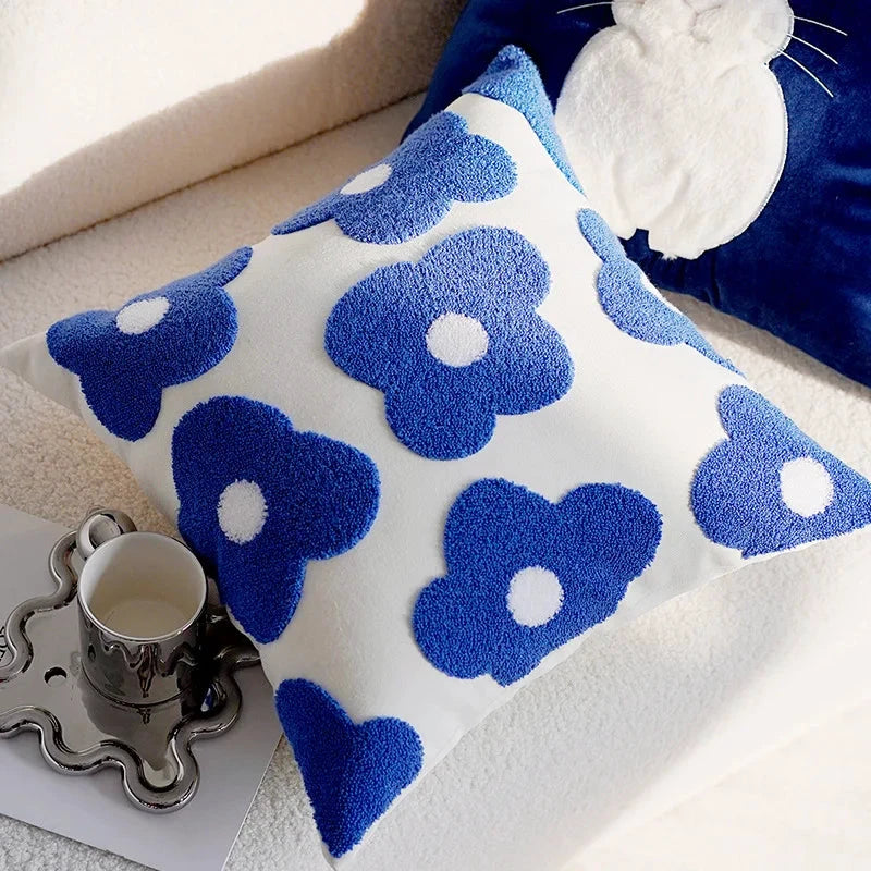 Blue & White Bunny & Flower Cushion Cover by Bowlift