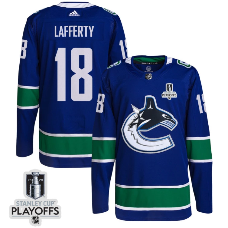 Sam Lafferty 18 Vancouver Canucks 2024 NHL Playoffs Patch Home Jersey - Men, Blue by Hockey David