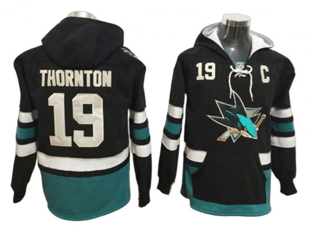 San Jose Sharks #19 Joe Thornton Black One Front Pocket Pullover Hoodie by Hoodie Pullover
