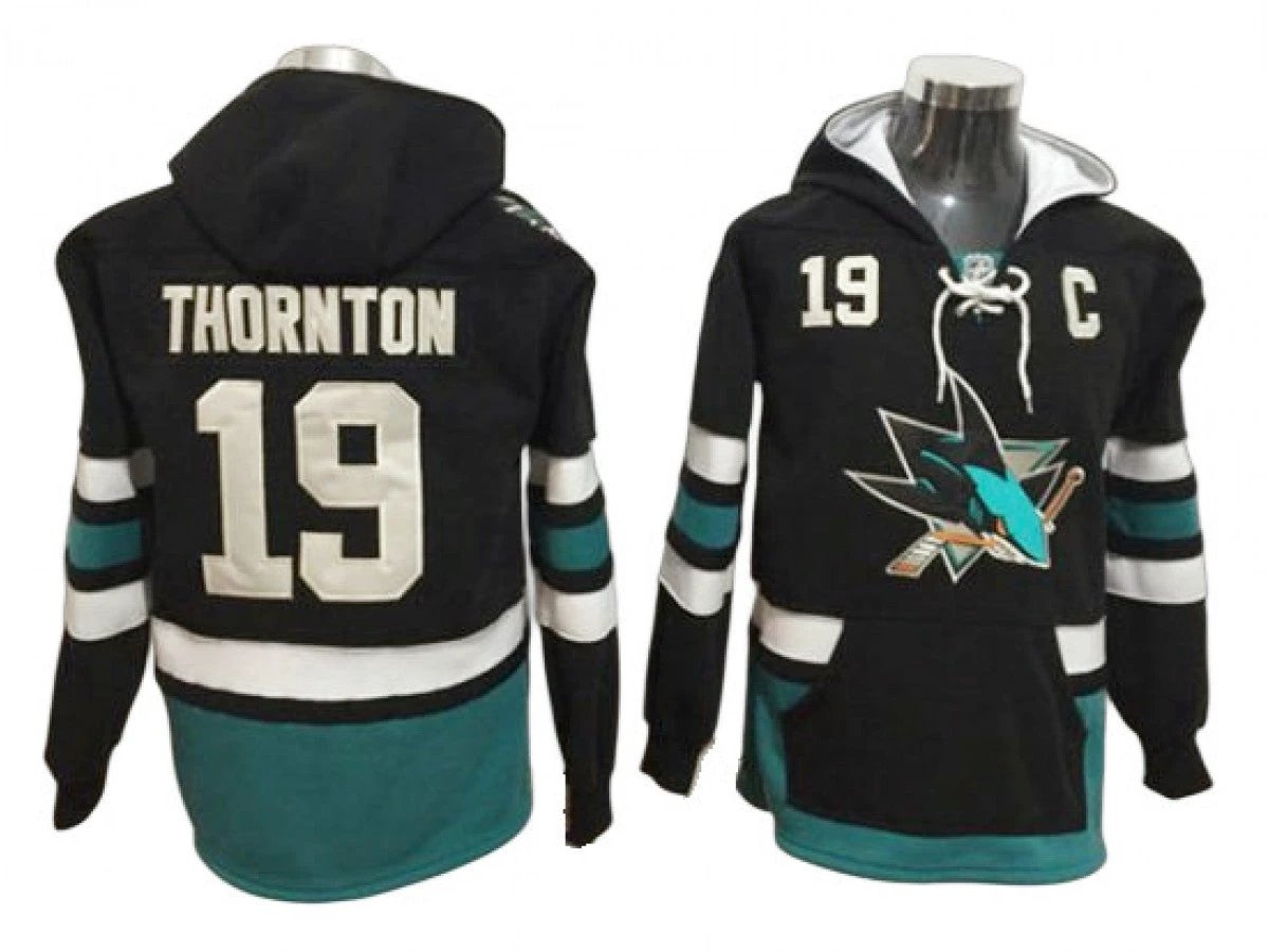 San Jose Sharks #19 Joe Thornton Black One Front Pocket Pullover Hoodie by Hoodie Pullover