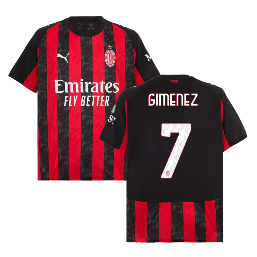 Santiago Gimenez 7 AC Milan 2025-26 Home Match Jersey – Black Red by Soccer Jersey