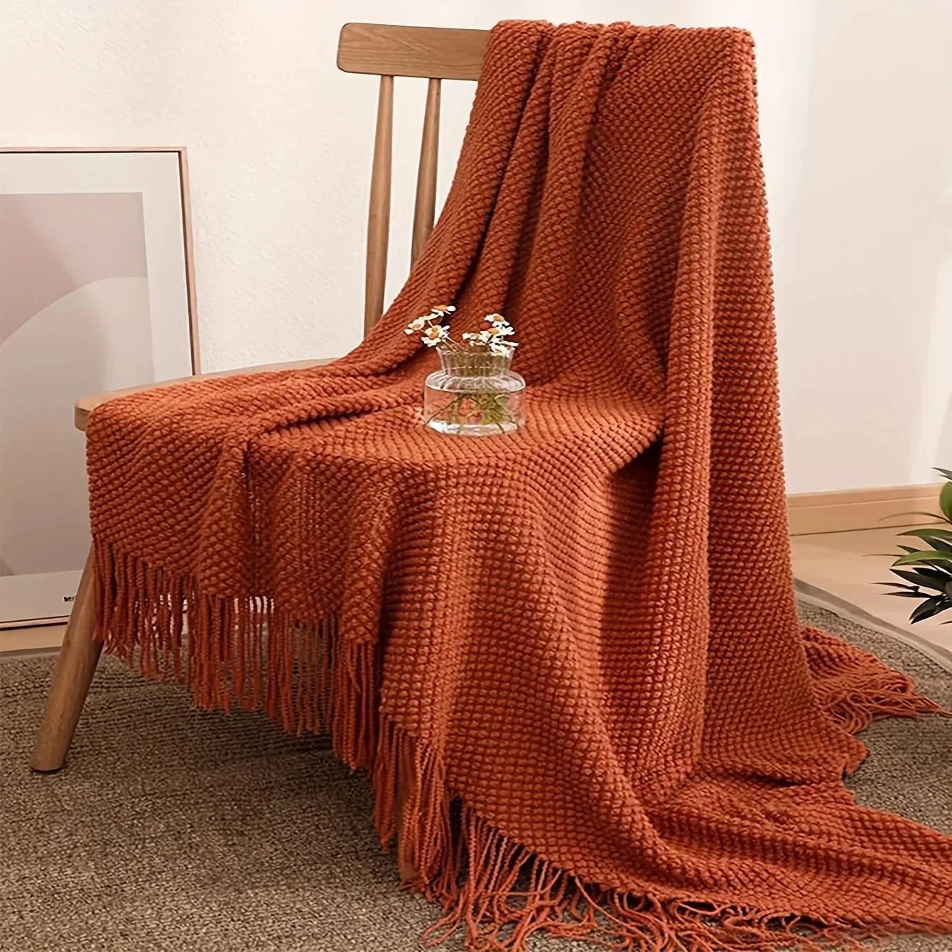 Aurelia Cozy Tassel Knitted Blanket in Morandi Orange | Soft & Warm | 3 Sizes | For Sofa, Bed & Travel by BowLift