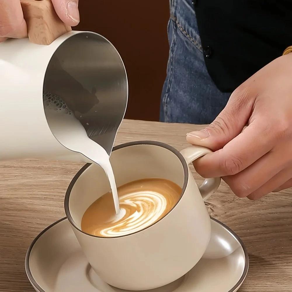 Scandinavian Wood Handle Stainless Milk Pitcher by Casa & Beyond
