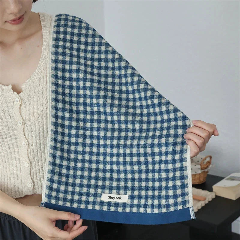 Retro Small Grid Cotton Towel – Soft & Absorbent Household Towel by Bowlift