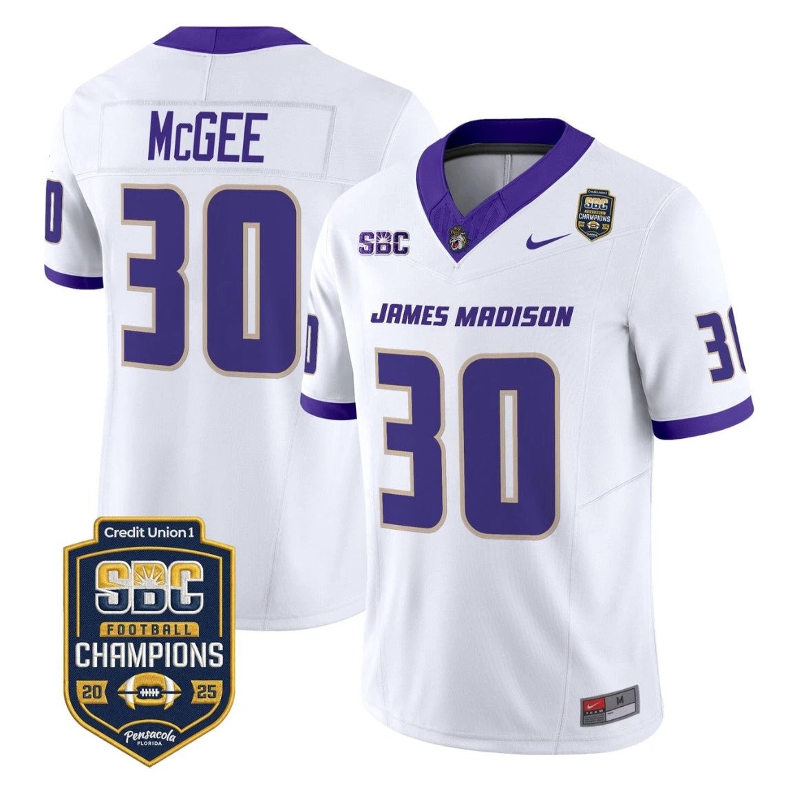 Scotty McGee Jersey #30 James Madison Dukes 2025 SBC Champions Stitched White by NCAA Football Jersey