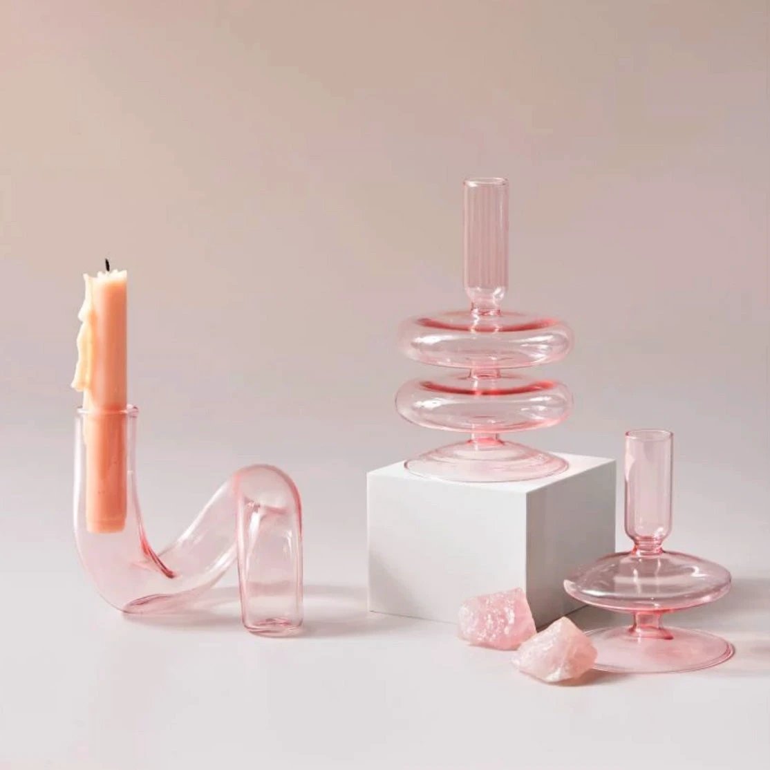 Modern Glass Candleholder-Baby Pink by Bowlift