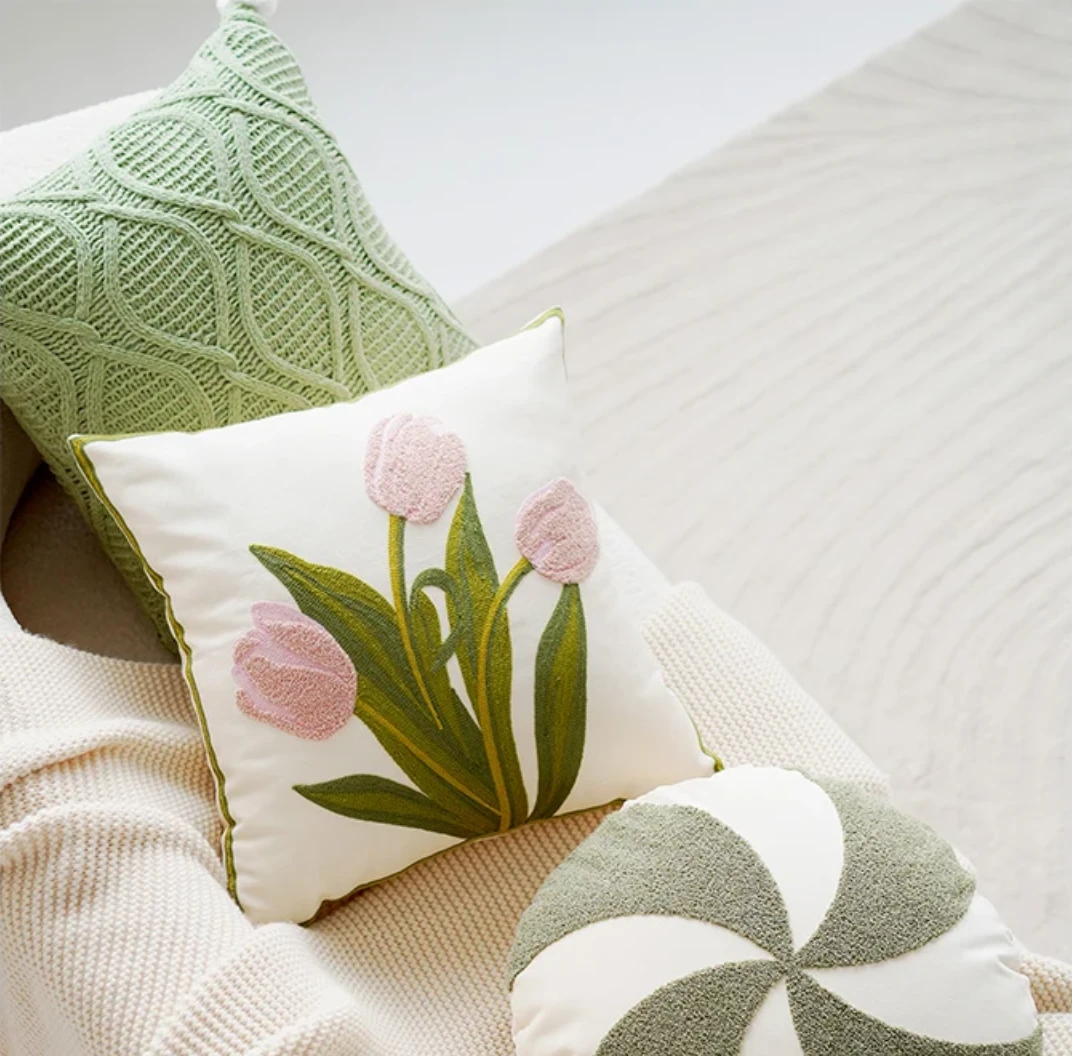 Green & Pink Tulip Embroidered Pillow Cover by Bowlift