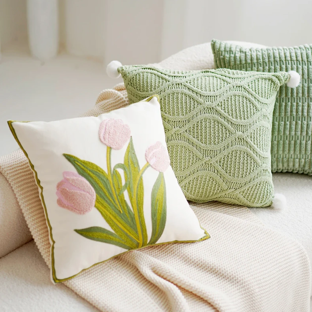 Green & Pink Tulip Embroidered Pillow Cover by Bowlift