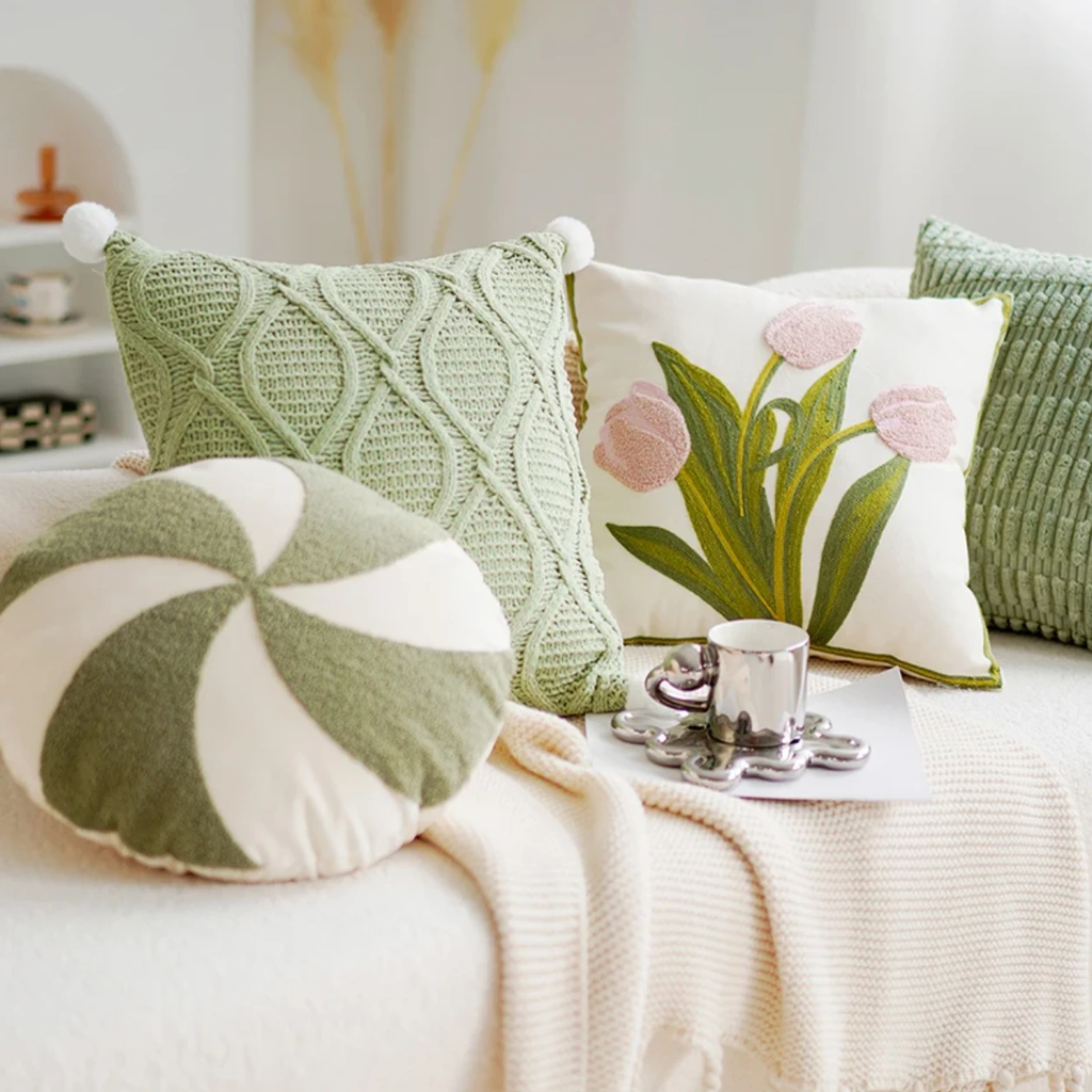 Green & Pink Tulip Embroidered Pillow Cover by Bowlift