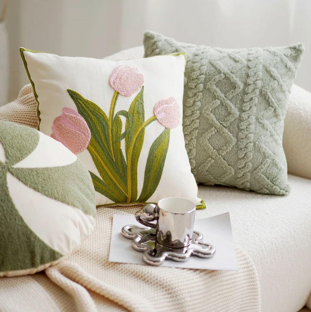 Green & Pink Tulip Embroidered Pillow Cover by Bowlift