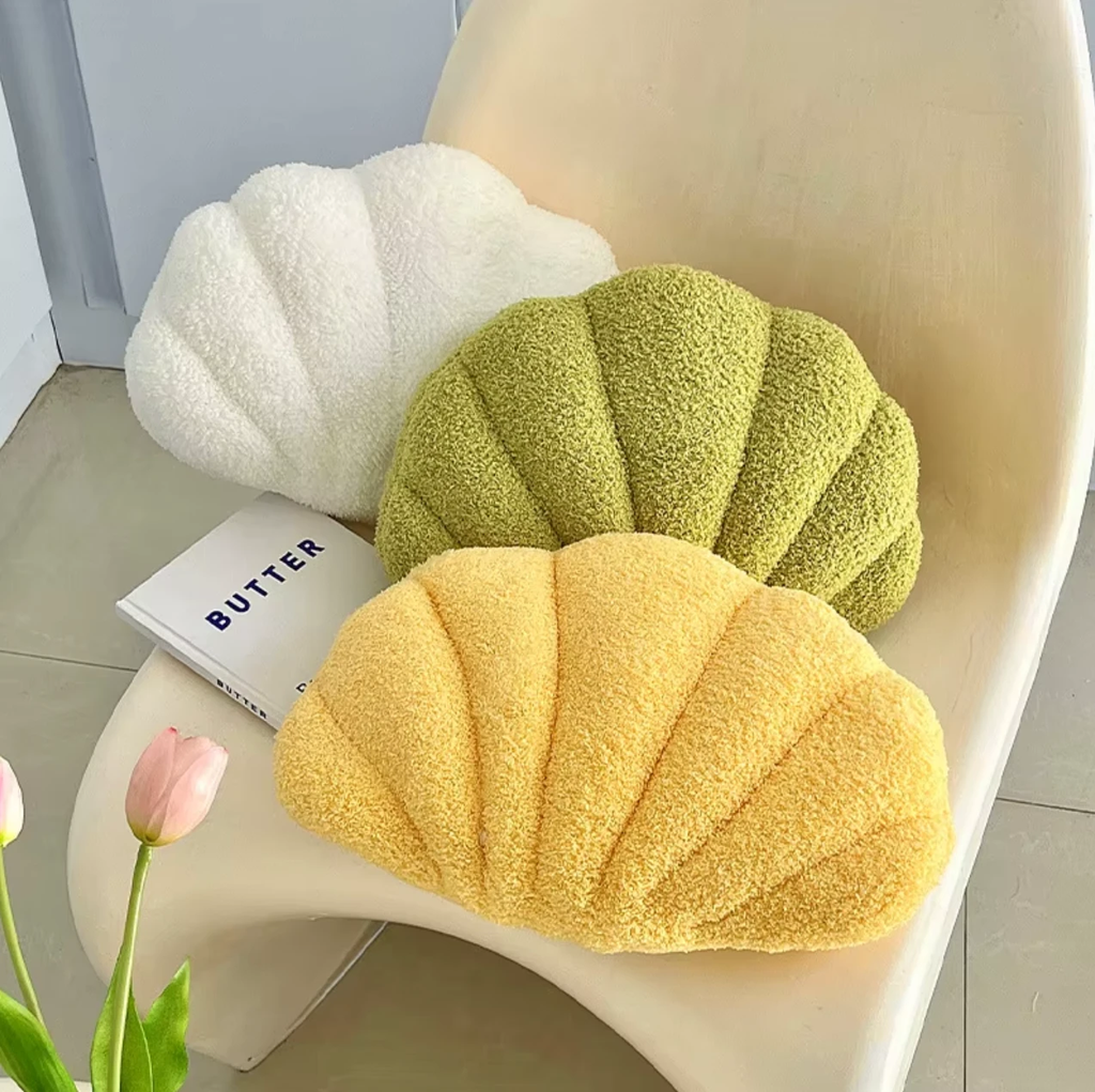 Pastel Shell Cushion – Fluffy Bouclé Plush Pillow by Bowlift