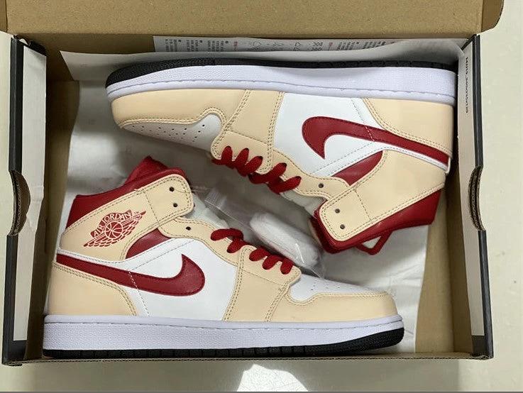 Air Jordan 1 Mid Beige White Red Shoes Sneakers by Air Jordan