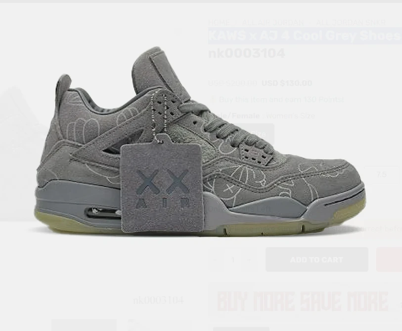KAWS x AJ 4 Cool Grey Shoes Sneakers by Air Jordan