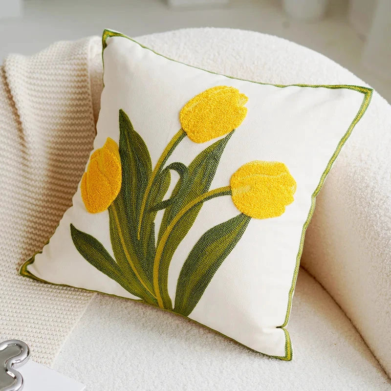 Green & Pink Tulip Embroidered Pillow Cover by Bowlift