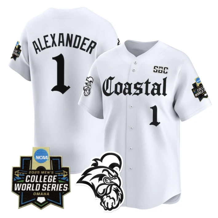 Sebastian Alexander Jersey #1 Coastal Carolina 2025 World Series Gothic White by My Store