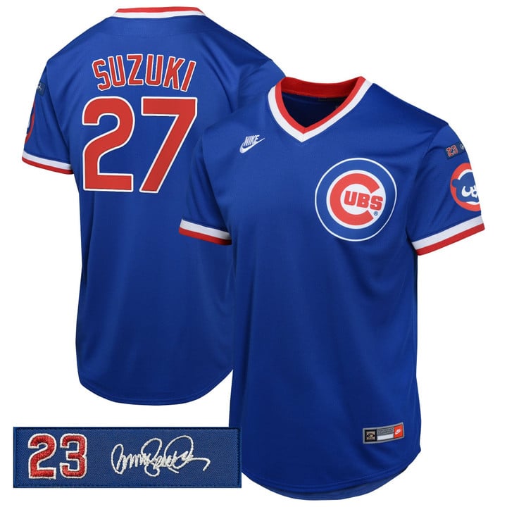 Seiya Suzuki Jersey #27 Chicago Cubs Ryne Sandberg Tribute Patch Stitched Royal by Baseball Jerseys 7