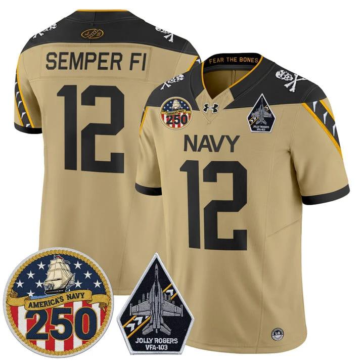 Semper Fi Jersey #12 Navy Midshipmen Jolly Rogers 250th Patch Stitched by My Store NCAA Football Jerseys