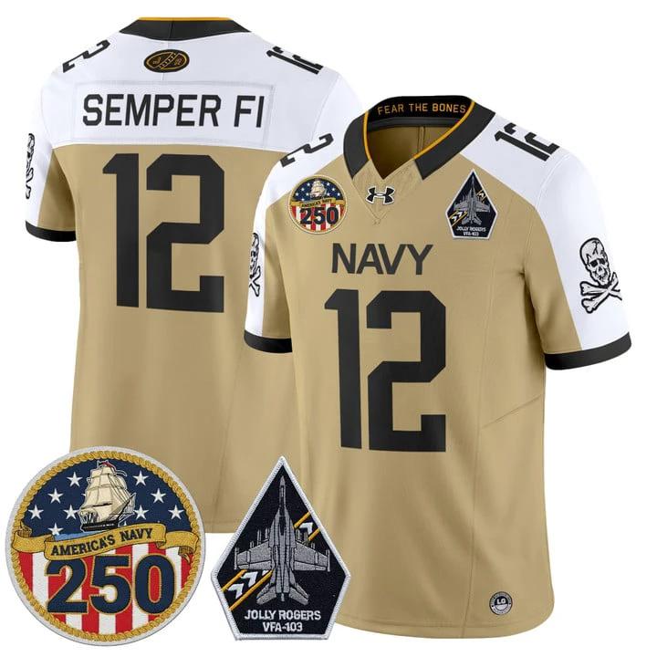 Semper Fi Jersey #12 Navy Midshipmen Jolly Rogers 250th Patch Stitched by My Store NCAA Football Jerseys