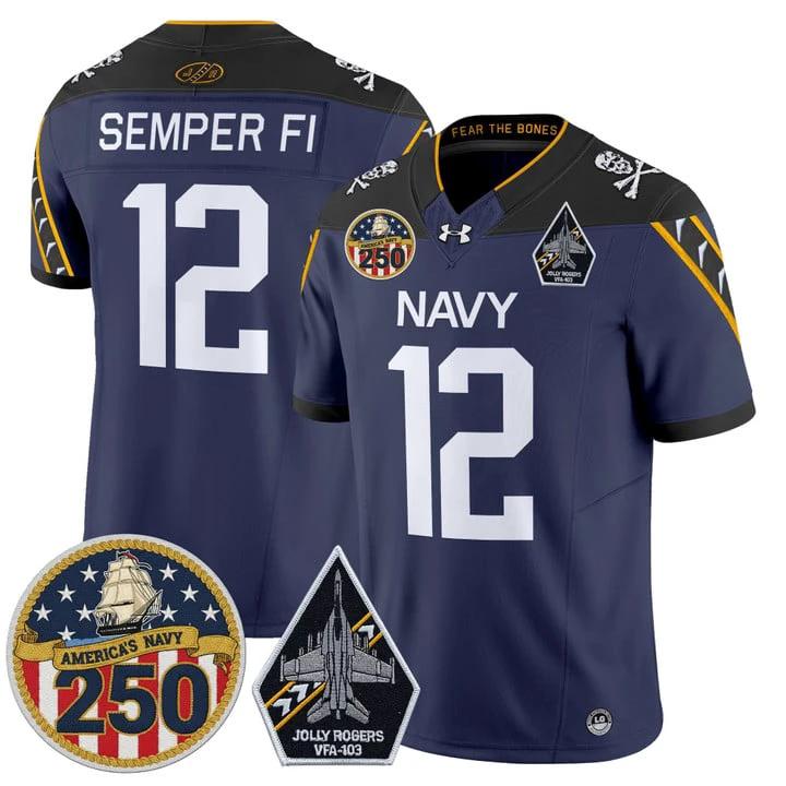 Semper Fi Jersey #12 Navy Midshipmen Jolly Rogers 250th Patch Stitched by My Store NCAA Football Jerseys