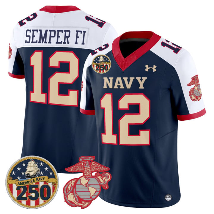 Semper Fi Jersey #12 Navy Midshipmen USMC 250th Patch Stitched by My Store NCAA Football Jerseys