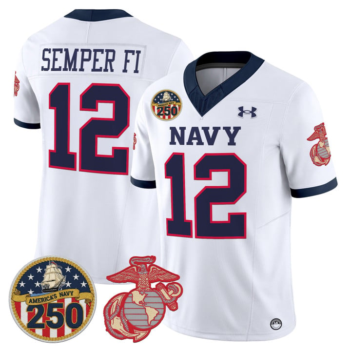 Semper Fi Jersey #12 Navy Midshipmen USMC 250th Patch Stitched by My Store NCAA Football Jerseys