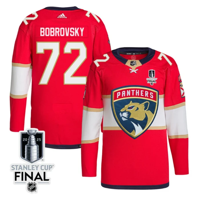 Sergei Bobrovsky 72 Florida Panthers 2025 STANLEY CUP Final Patch Home Men Jersey Red by Hockey David