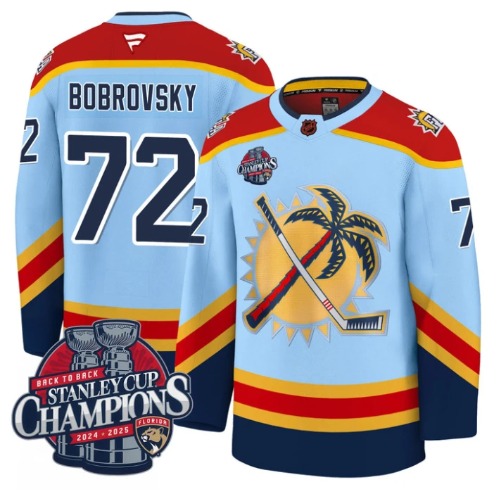 Sergei Bobrovsky Jersey #72 Florida Panthers 2025 Stanley Cup Back To Back Blue by Hockey David