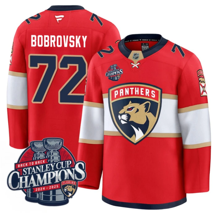 Sergei Bobrovsky Jersey #72 Florida Panthers 2025 Stanley Cup Back To Back Red by Hockey David