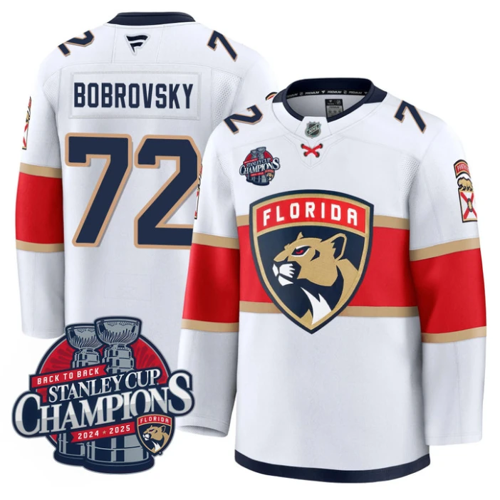 Sergei Bobrovsky Jersey #72 Florida Panthers 2025 Stanley Cup Back To Back White by Hockey David