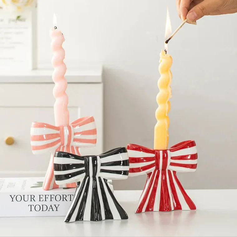 Classic Striped Bow Ceramic Candle Holder by Bowlift