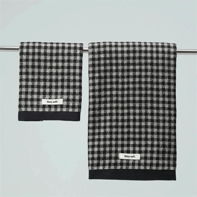 Retro Small Grid Cotton Towel – Soft & Absorbent Household Towel by Bowlift